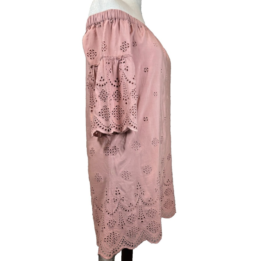 Madewell Off Shoulder Eyelet Dress 10 Dusty Rose Embroidered Bell Sleeve Lined - Picture 4 of 11